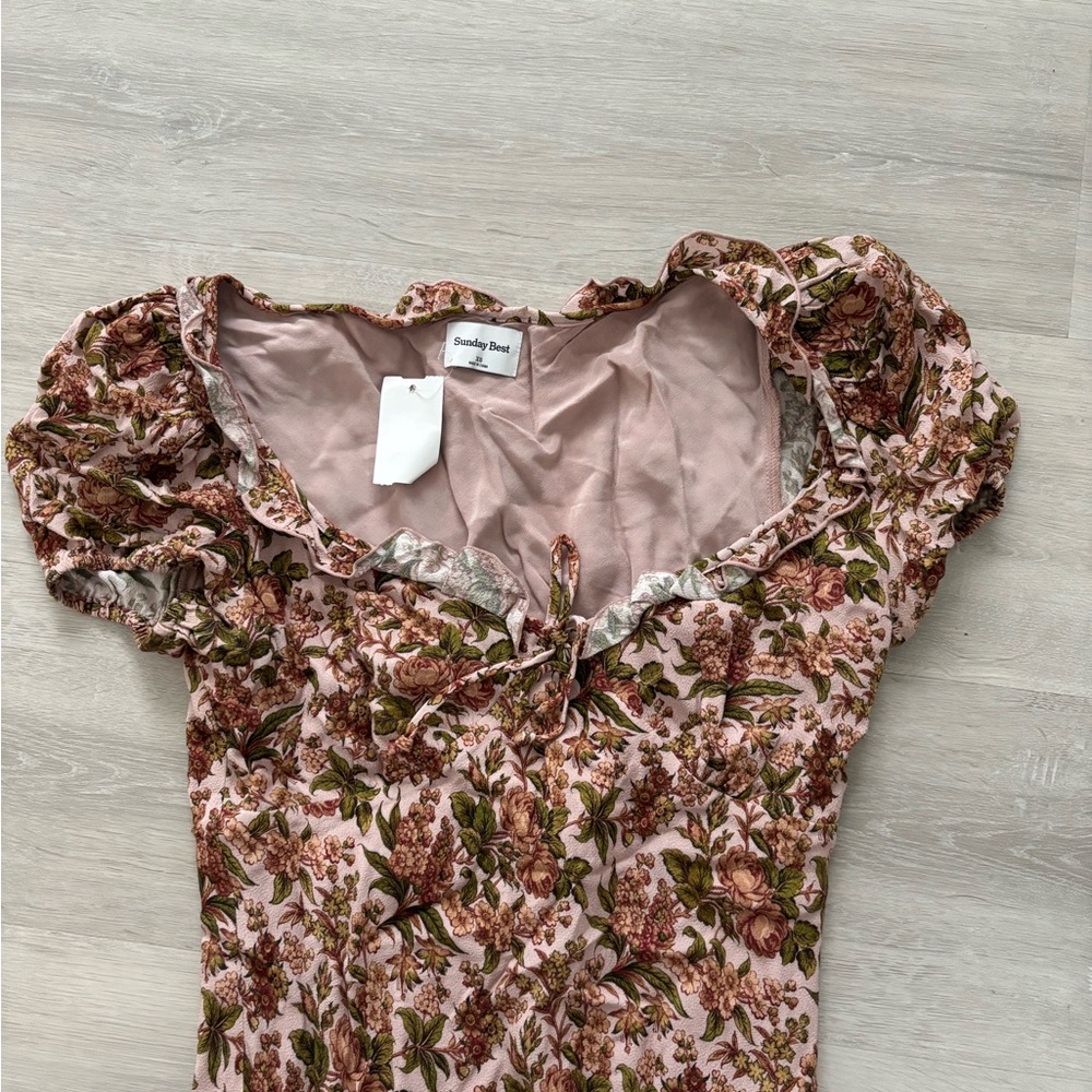 Sunday Best Pink and Green Ruched Puff Sleeve Midi Dress